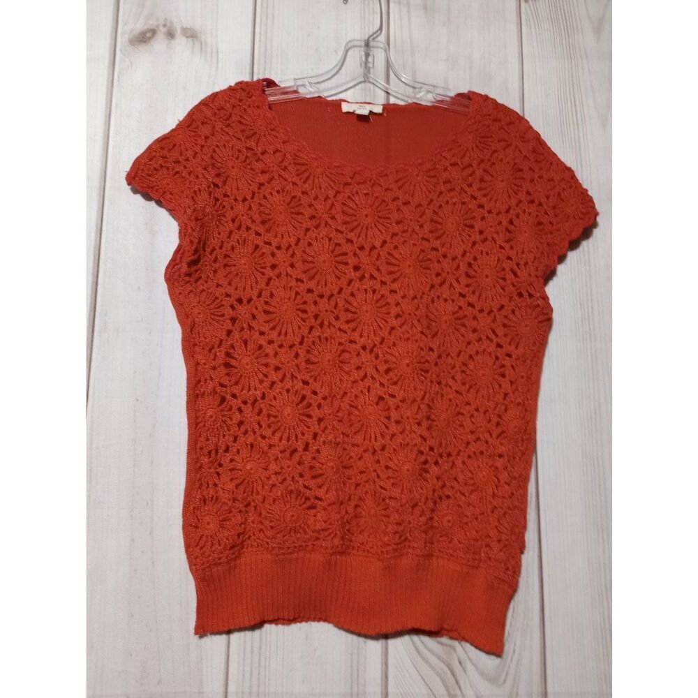 BLL New York Womens Small Burnt Orange Floral Crochet Front Knit Top Cap‎ Sleeve
